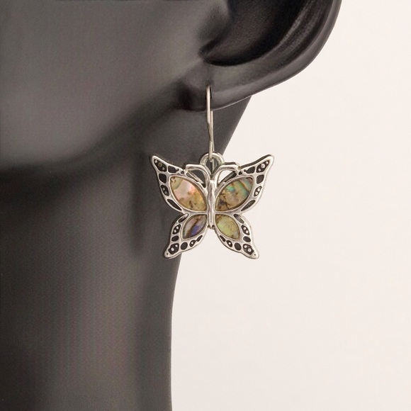 Abalone Shell Inlay Butterfly Dangle Earrings Silver Tone - Picture 4 of 4